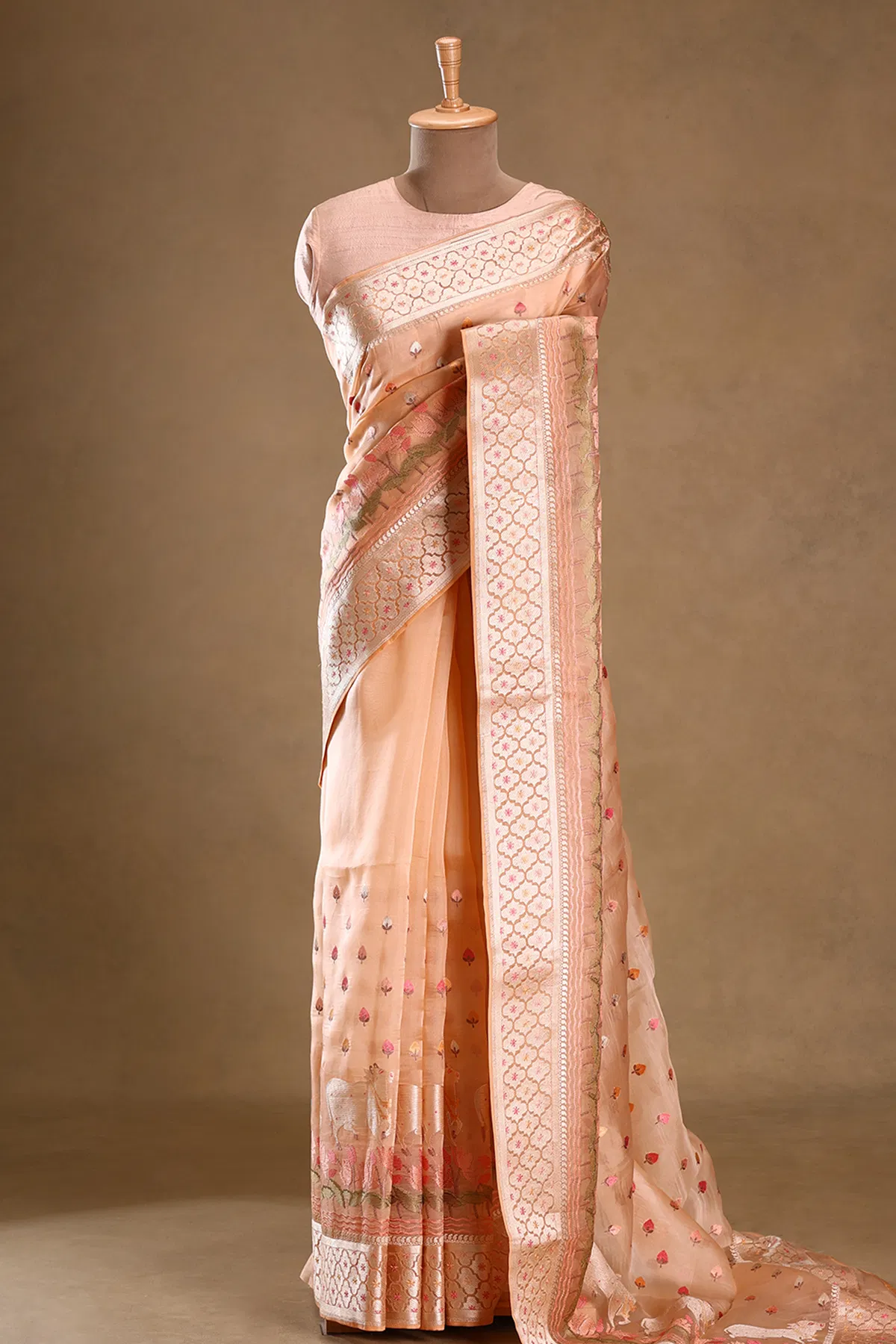 peach pink banarasi organza saree with resha